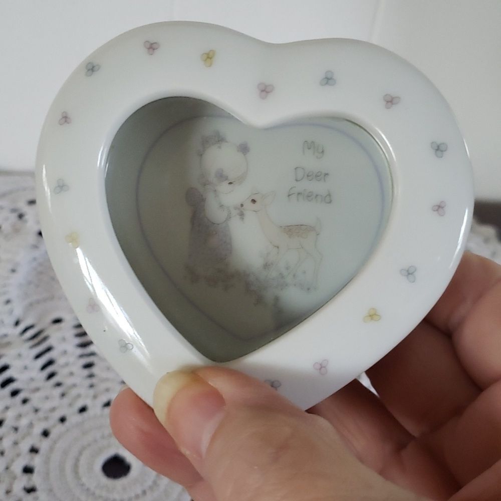 Vtg 1988 Precious Moments "My Deer Friend" Heart Shaped Porcelain Trinket Box